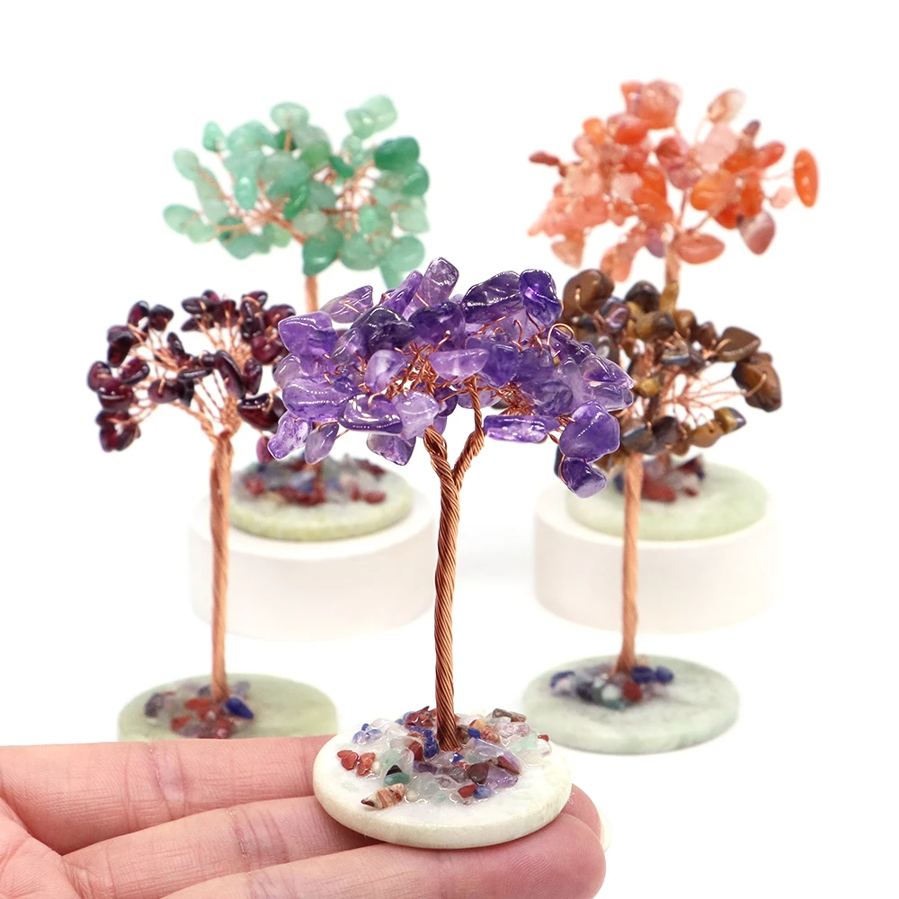 80mm Crystal Money Tree Natural Reiki Stone Amethyst Agate Copper Wire Bind Feng Shui Lucky Handmade Crafts Home Room Decor Gift