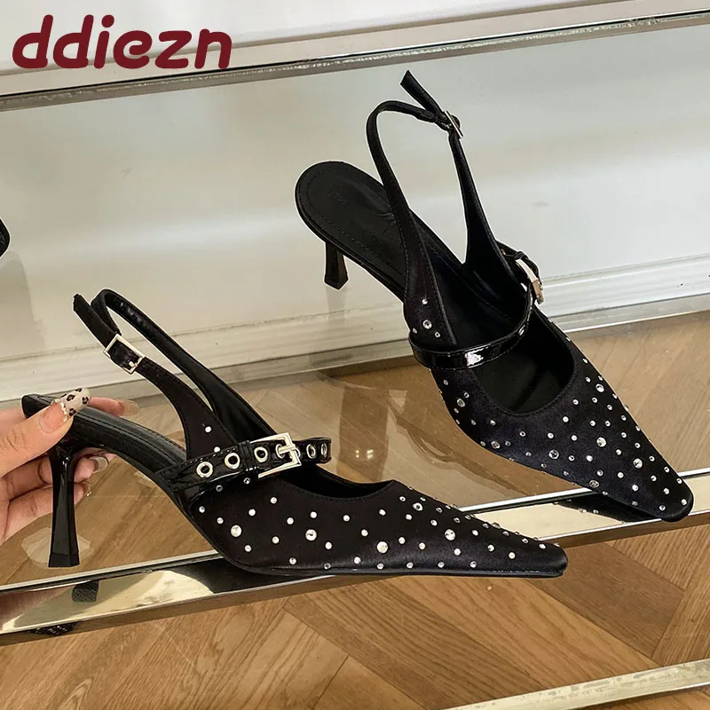 Bling moda seda mulheres saltos bombas sapatos femininos dedo do pé apontado calçados de luxo strass senhoras sapatos de salto alto sandálias mules