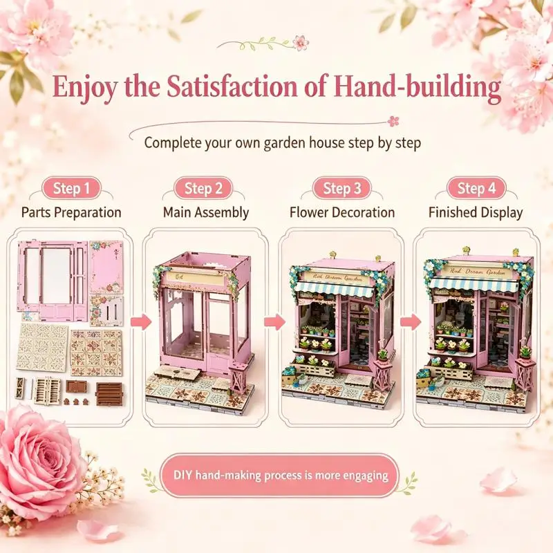 Diy Wooden Flower Shop Cottage Miniature Dollhouses 3D Assembly Model Kits for Adults Birthday Gifts Home Decor
