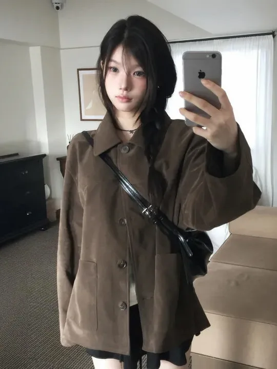 Loose Short Deer Skin Velvet Jacket Women's Korean Style Autumn Winter Outerwear Casual Street Fashion College Campus Wear