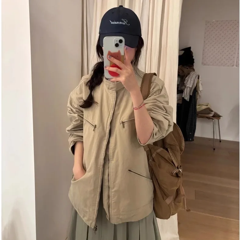 

Свободная однотонная рабочая одежда Sle Jaet, корейское ретро нейтральное повседневное пальто на молнии с воротником-стойкой, женское осеннее платье 2025 года, Новое поступление