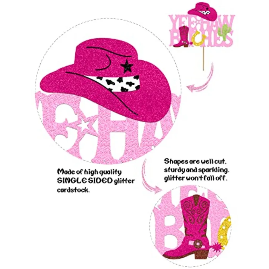 Yee Haw Cowgirl Cake Topper Western Decorations Glitter Pink Bachelorette Theme Cake Toppers Decorations for Girls Women Horse