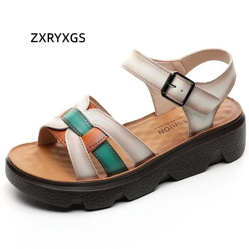 

ZXRYXGS Spell Colors Genuine Leather Sandals Flat Thick Sole Non-slip Ladies Sandals 2024 New Fashion Summer Women Sandals