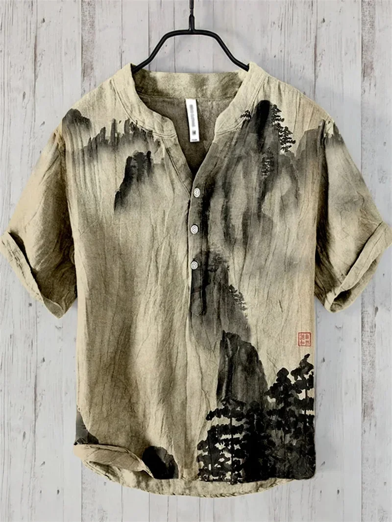 

Men's shirt linen 100% V-neck men's casual short-sleeved shirt Fashion new street outdoor retro landscape ink painting shirt