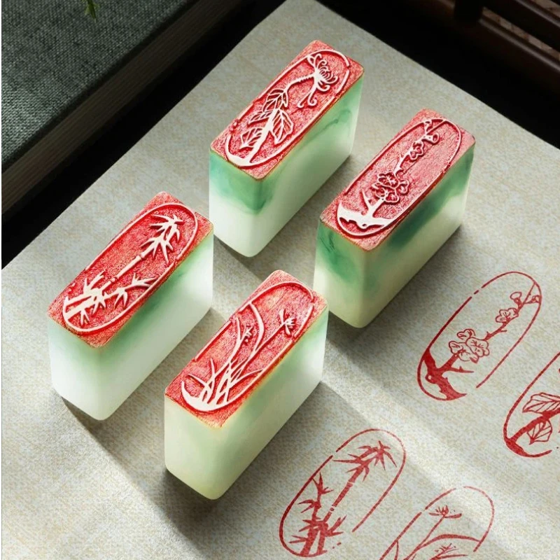 Resin Finished Seals Carving Plum Orchid Bamboo Chrysanthemum Stamp Ancient Style Calligraphy Painting Finished Stamp Stationary