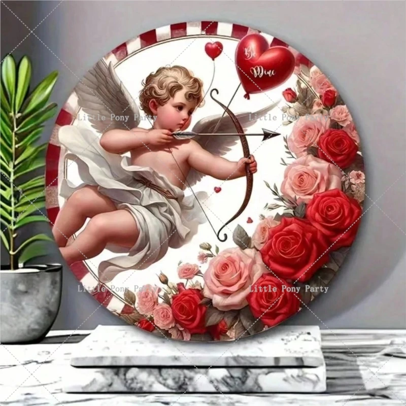 Pony Valentine's Day Cupid Wreath Love Rose Flower Ornaments Wooden Round Ornaments Wall Layout Wall Hanging Welcome Decoration