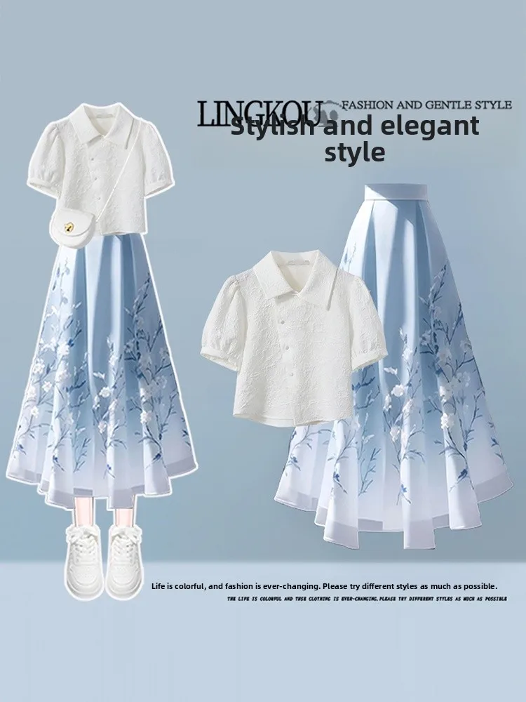 

Stunning High Waist Two-Piece Set Women's Fashion Slimming Top And Printed Skirt Ensemble Summer Season Short Sleeve Pol...