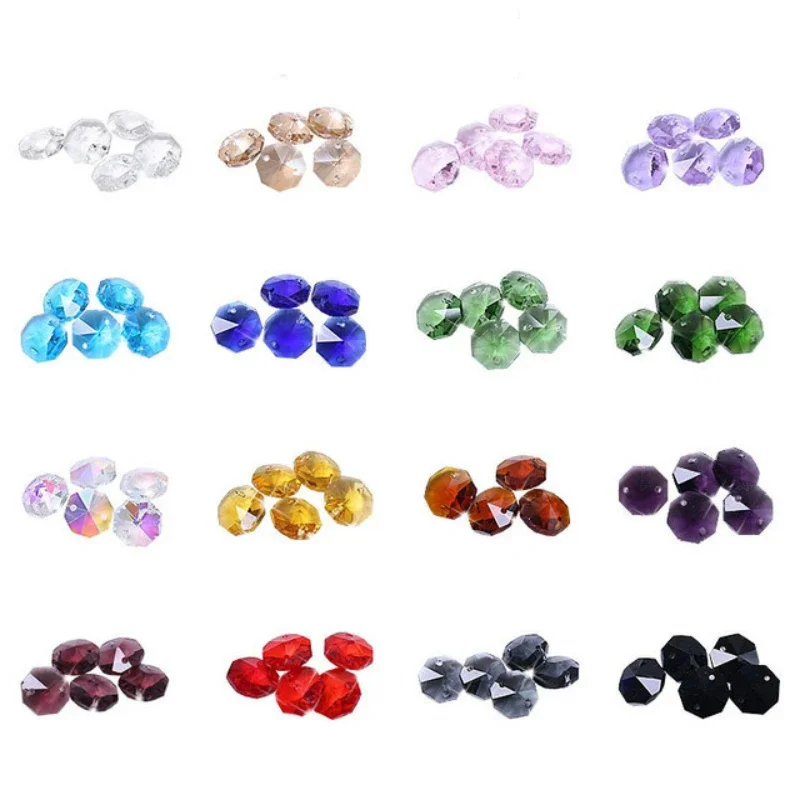 

100pcs/1000pcs 14mm 1 Hole/2 Holes Glass Octagon Prism Beads For Crystal Chandelier Parts
