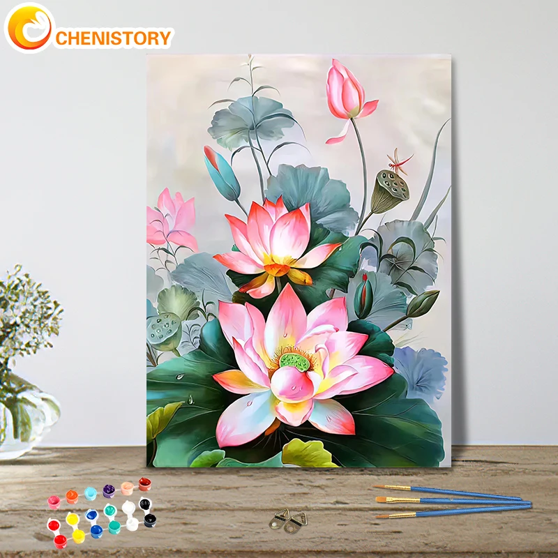 

CHENISTORY 60x75cm Oil Painting By Numbers Handpaint Lotus Flower Acrylic Paint On Canvas Home Decor Unique Gift