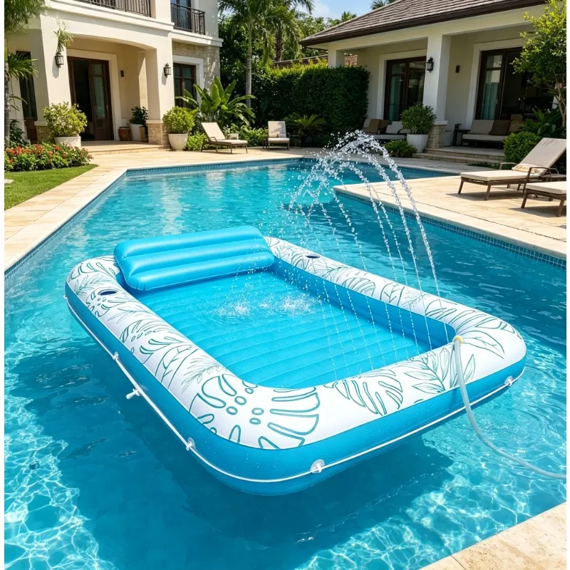 2-in-1 inflatable fountain bed for sunbathing, maple floating water bed for outdoor swimming pool, multifunctional