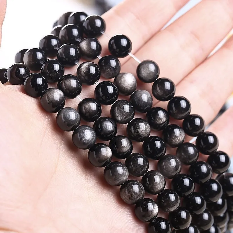 Đá Tự Nhiên Vàng Đen Obsidian Hạt Tĩnh Mạch Charm Tròn Rời Đá Quý Hạt Trang Sức Làm Vòng Tay Phụ Kiện Vòng Cổ