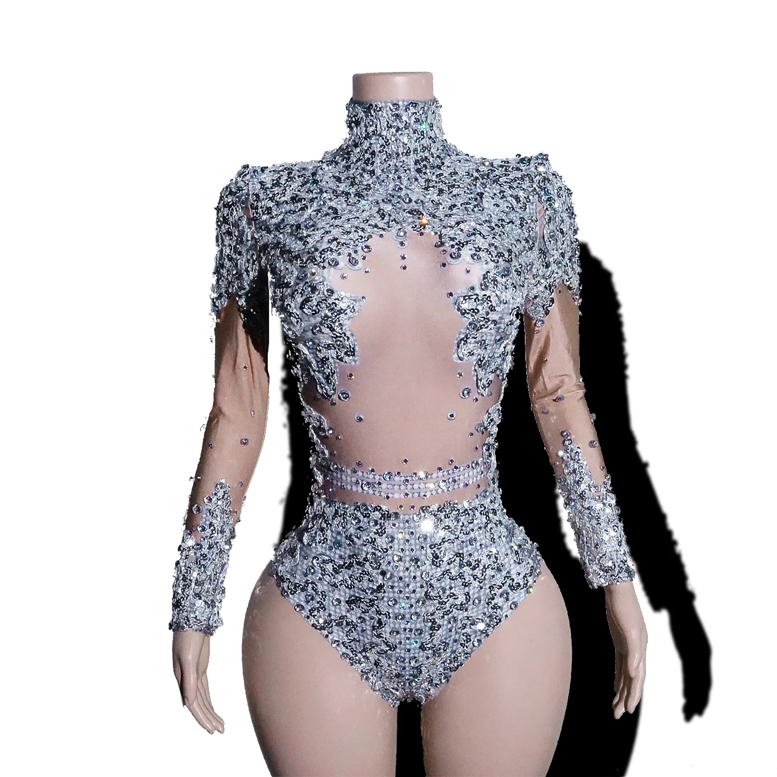 

Shimmering Silver Bodysuit Rhinestone Sequins Stage Dance Birthday Party Leotard Stage Performance Nightclub Drag Queen Outfit