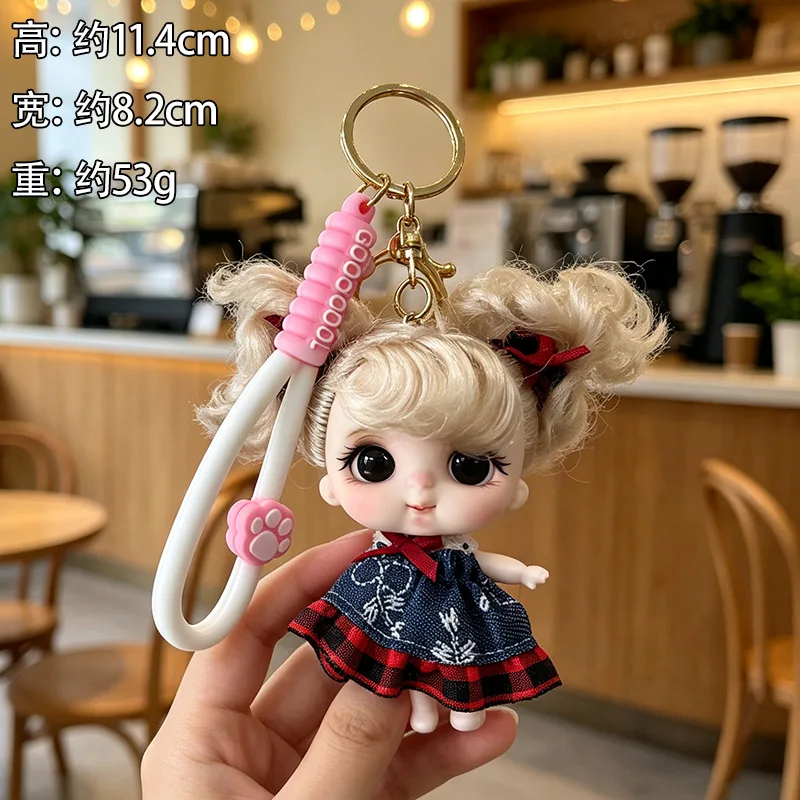 11cm Ponytail Doll Keychain Pendant Checkered Headband Doll Joints Moveable Cute Princess Doll Dress Up Toys Children Girl Gift