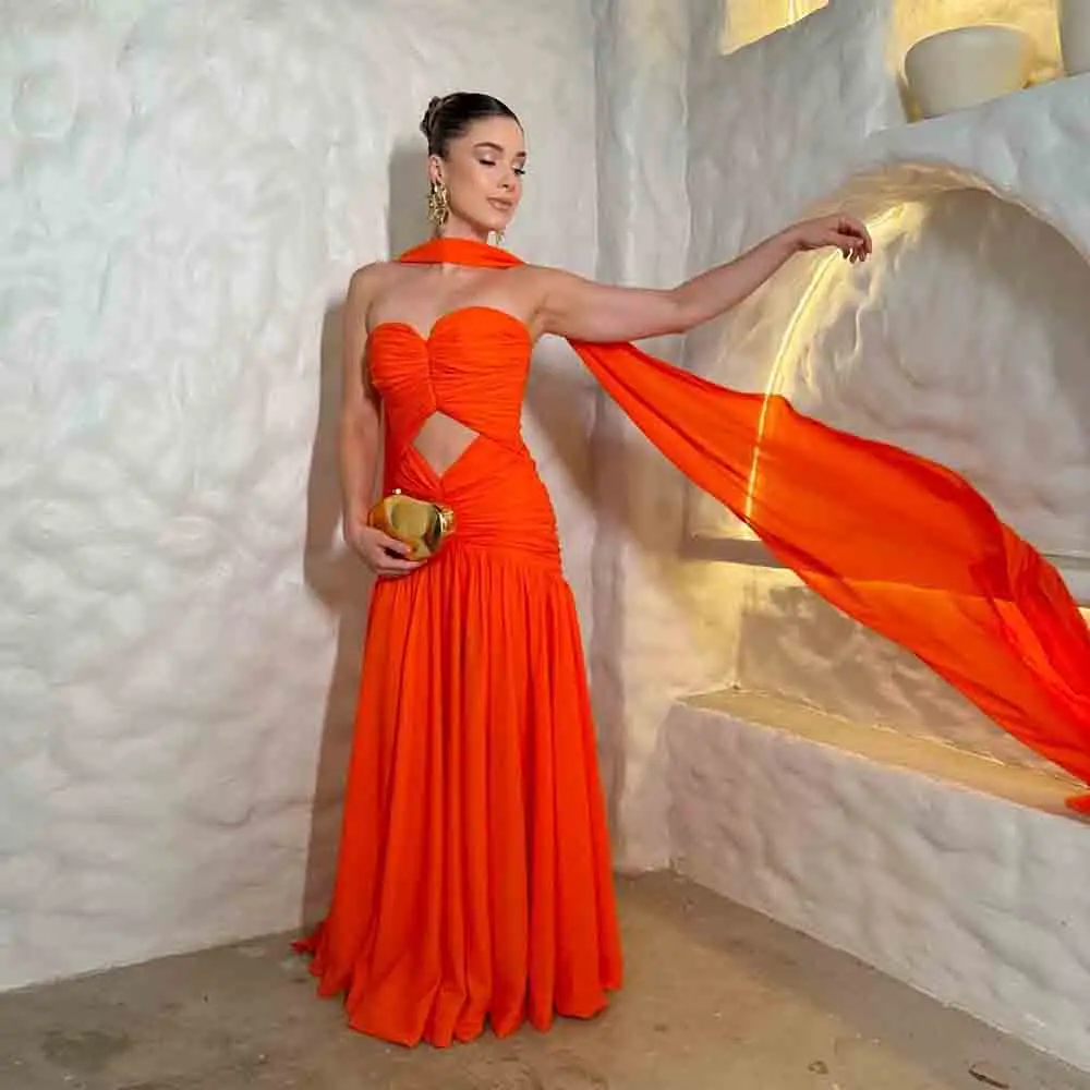Galarity Orange Formal Occasion Gown Strapless Ruched Cutout Evening Dress Sexy Birthday Dress Wedding Party Dress Customizd