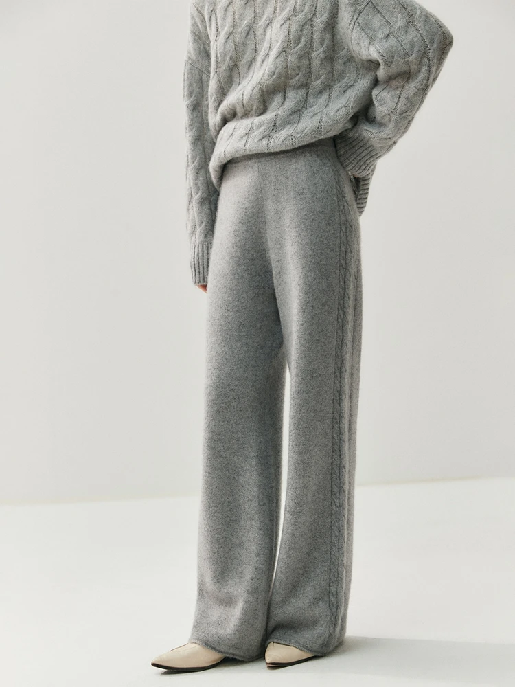 TLOML Women 100% Cashmere Side Cable Knit Wide Leg Pants Autumn Winter Cashmere Knitted Thicken Soft Warm Simple Casual Trousers