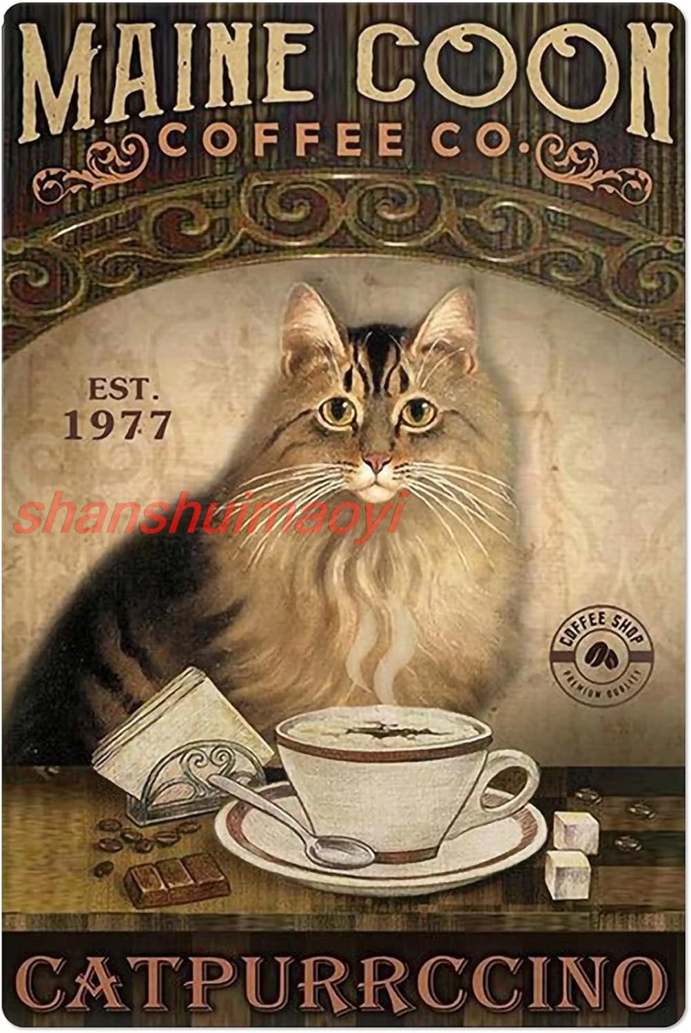 Maine Coon Coffee Metal Tin Sign,Vintage Poster Plaque Sign for Home Restaurant Kitchen Wall Decor Best Family Decor Gift I SHUI