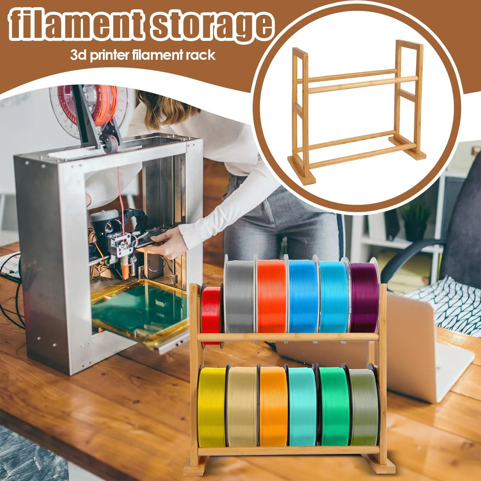

3D Printer Filament Storage Rack Double-layer Bamboo Printer Spool Rolling Filaments Storage Bracket Desk Organization Shelf
