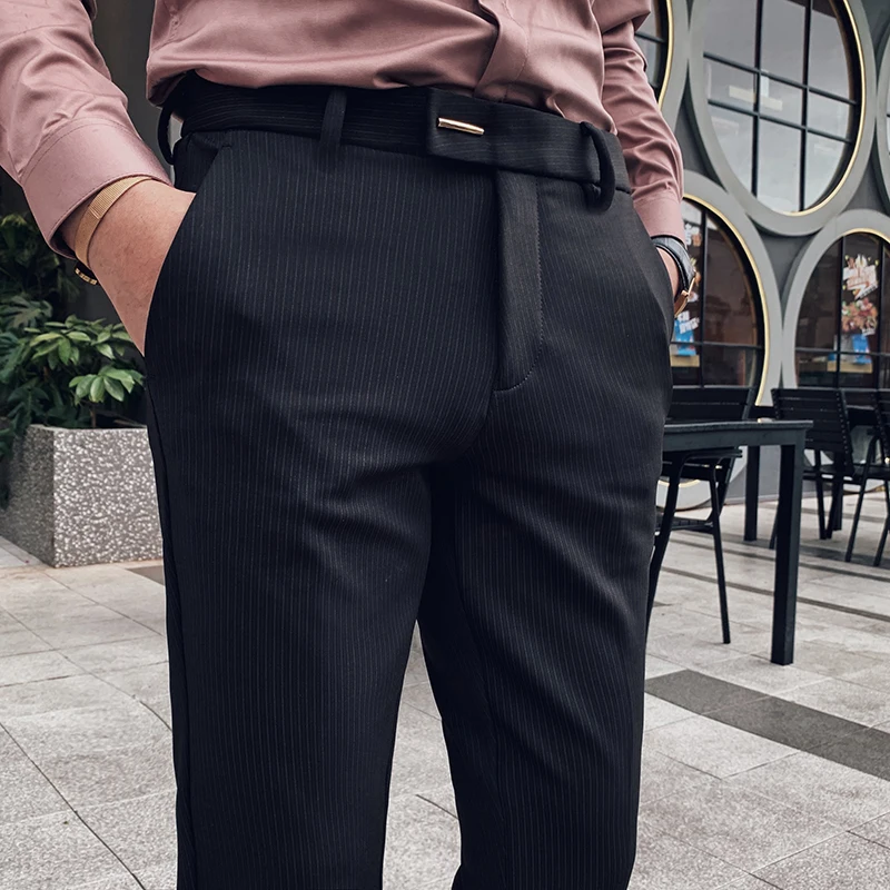 Pantalones de traje a rayas para hombre, pantalones de vestir ajustados, pantalones de fiesta de oficina, pantalones formales informales de