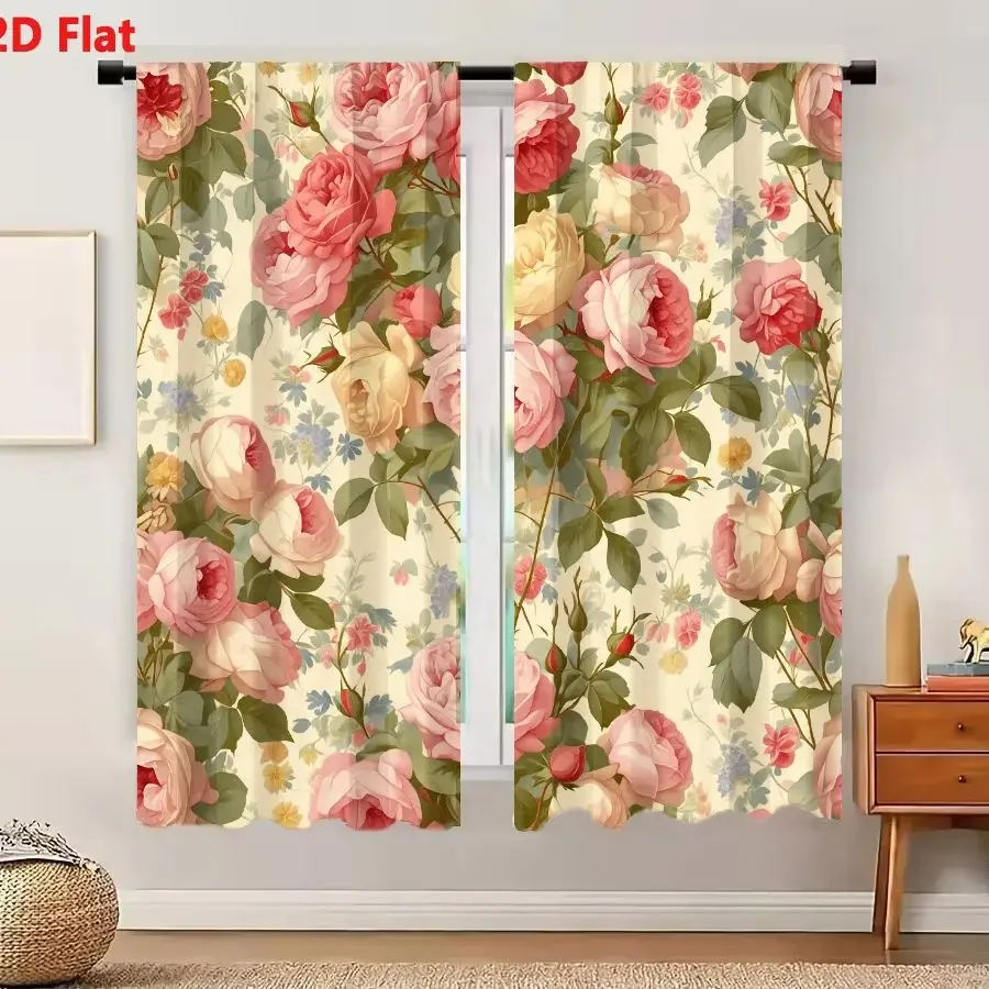 Elegant Floral Print Curtains for Living Room Bedroom Home Decor Light Filtering Window Panels
