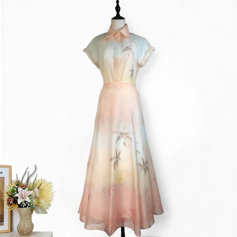 

Real Shot Australia New Sunset Coconut Pattern Lapel Slim Shirt + Long Big Hem Skirt Suit