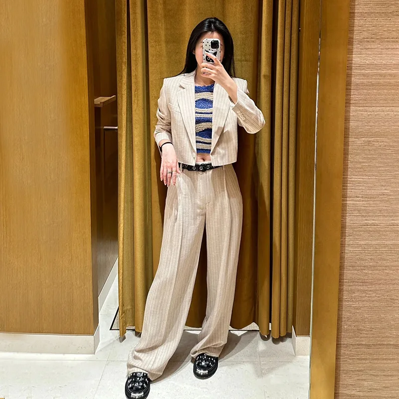 

Women's Set 2024 New Spring Autumn Striped Tailored Collar Commuter Suit Coat or Straight Long Pants