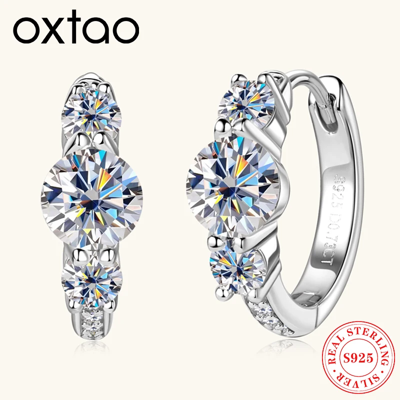 

OXTAO S925 Silver Hoop Earring Ladies Moissanite Dangle Earrings Three Stone D Color Glittering Diamond 14K Gold Plated Jewelry
