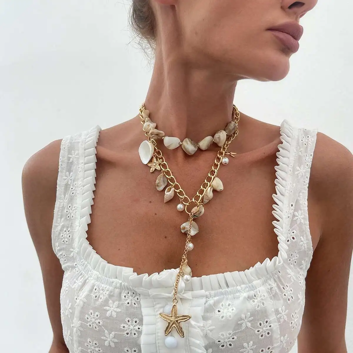 Ingemark 2Pcs/Set Boho Irregular Fritillary Conch Chain Necklace Women Summer Beach Vintage Starfish Pendant Choker Y2K Jewelry
