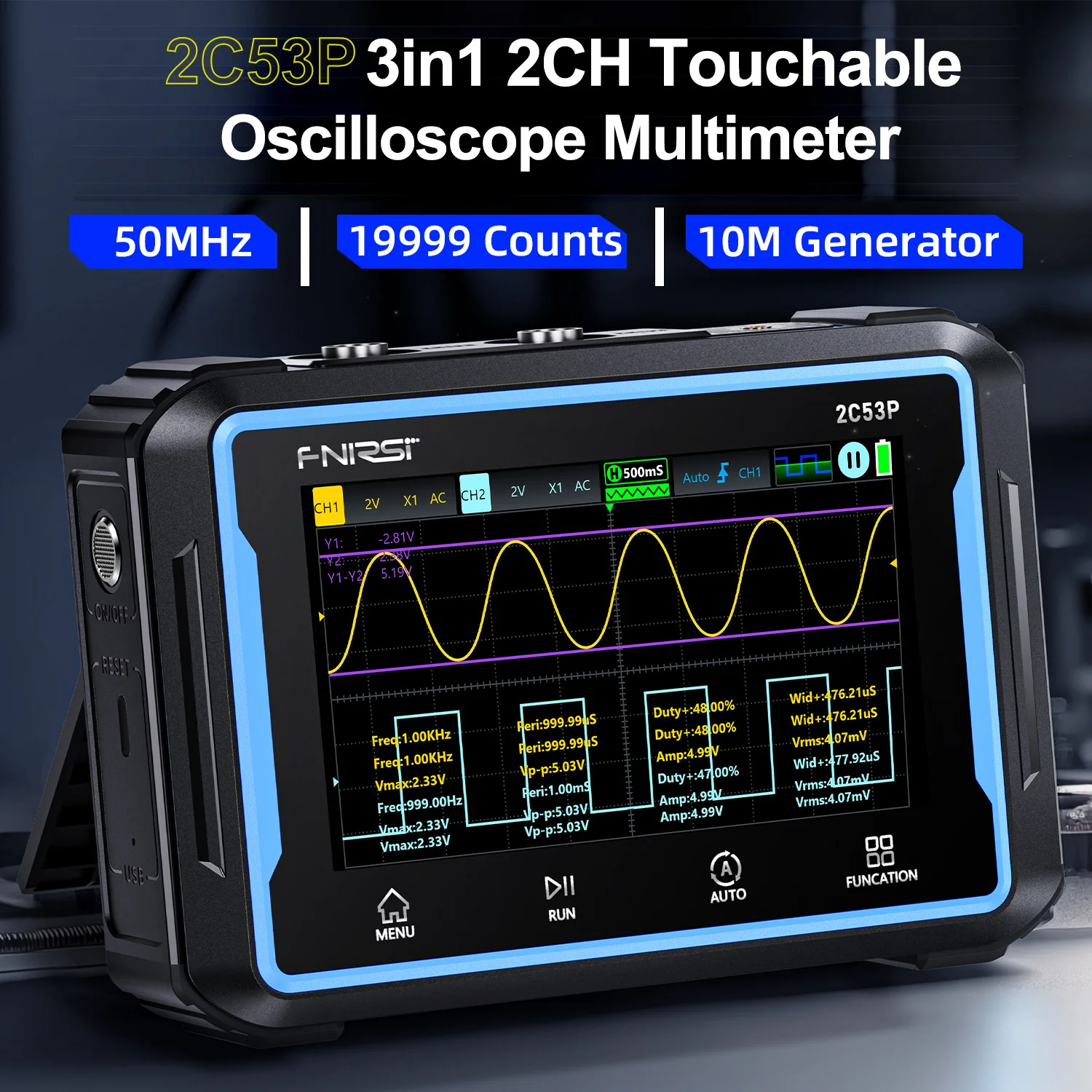 2C53P 3IN1 Touch Screen Digital Oscilloscope Multimeter Signal Generator Dual Channel 50MHZ AC/DC Automatic Osciloscopio Tools