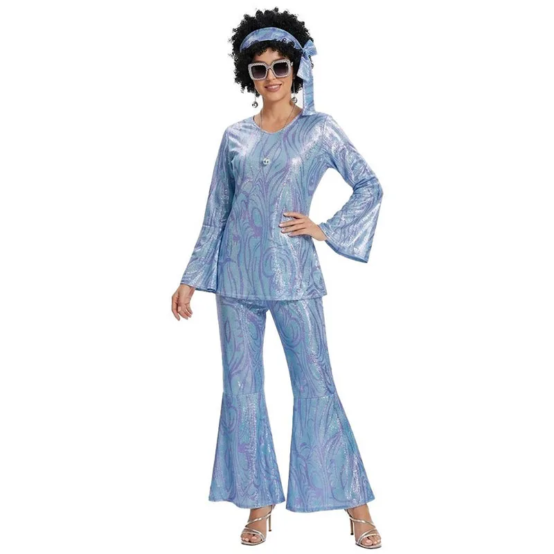 2026 New Women Halloween Disco Party 70s Women's Disco Costume Set Top Pants Sunglasses Necklace Earrings Wig Cosplay Dress Up view 4