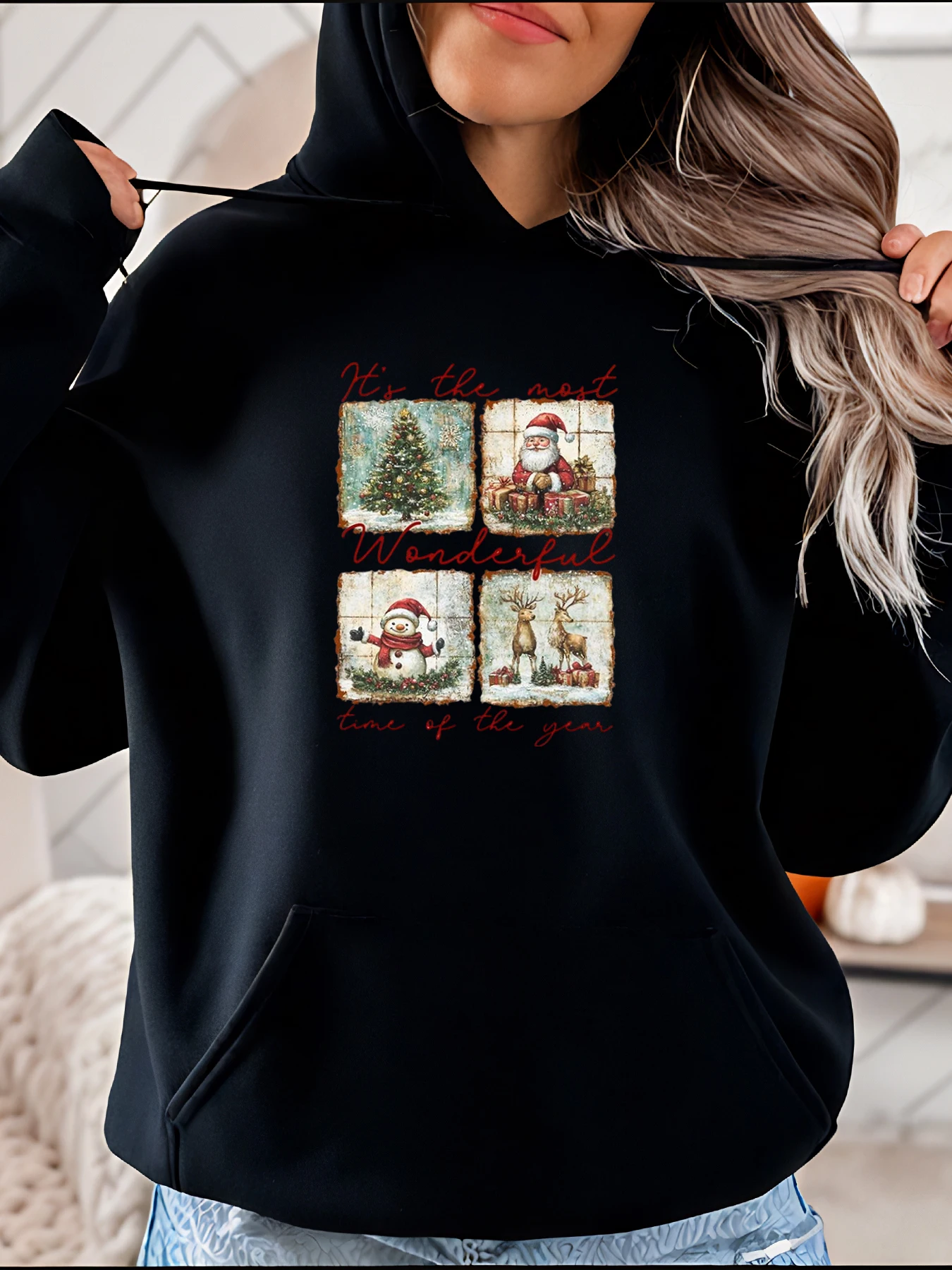 

Рождественская толстовка с принтом Санта-Снеговика и оленя, женская повседневная зимняя толстовка, праздничный подарок для нее