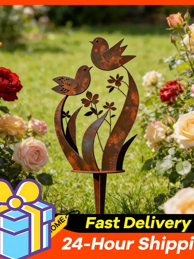Piquets décoratifs en métal pour plantes d'extérieur avec motifs d'oiseaux et de fleurs, robustes pour la cour, la pelouse, l'art rustique du jardin, ornement décoratif