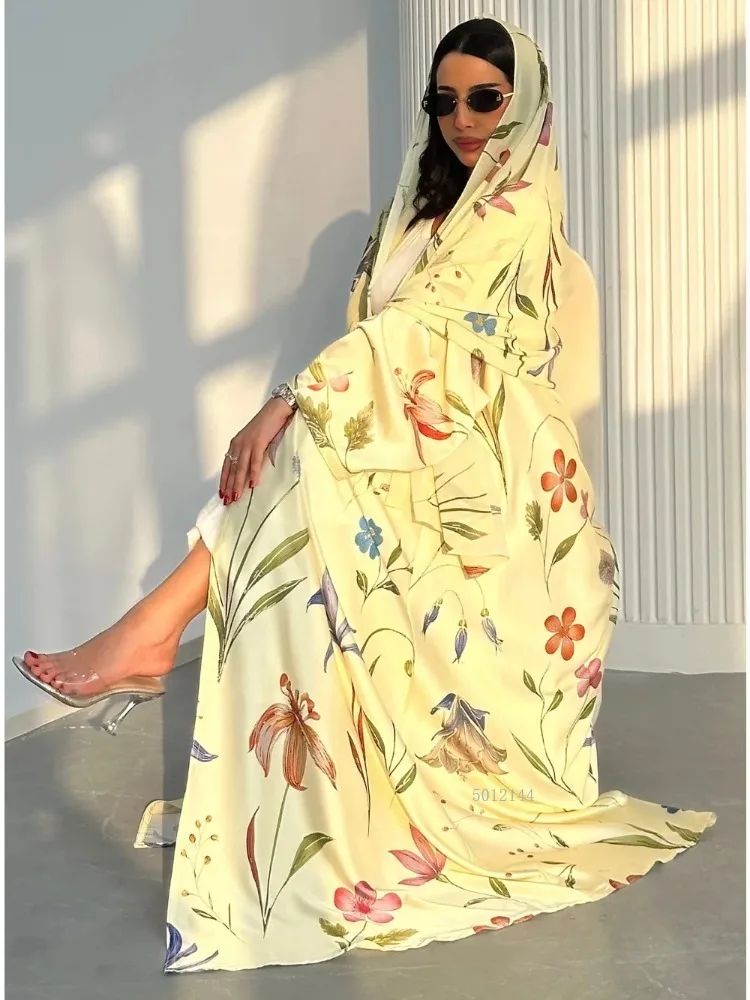 2026 nouveau moyen-orient dubaï Cardigan Abaya mode imprimé ouvert Abaya modeste extérieur femmes Robe avec foulard 2 pièces ensemble