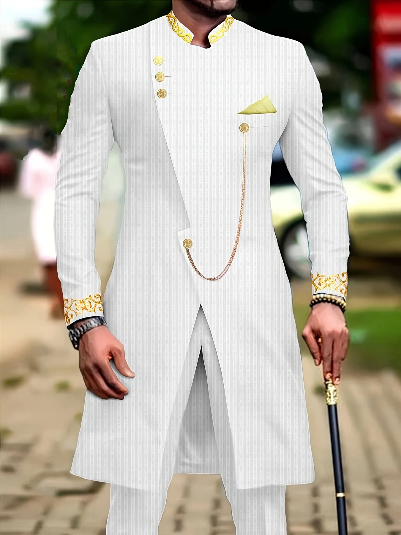 

Men's casual two-piece suit set with long sleeves, mid-length jacket and trousers.