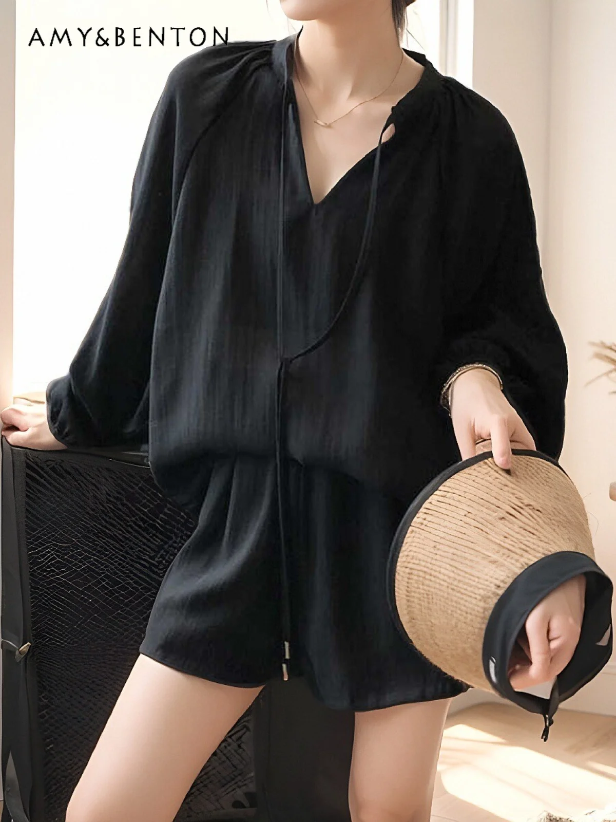 

Spring Summer Fashion Casual Strap Sun Protection Long Sleeve Shirt Wide Leg Shorts Office Lady Two Piece Sets Womens Outifits