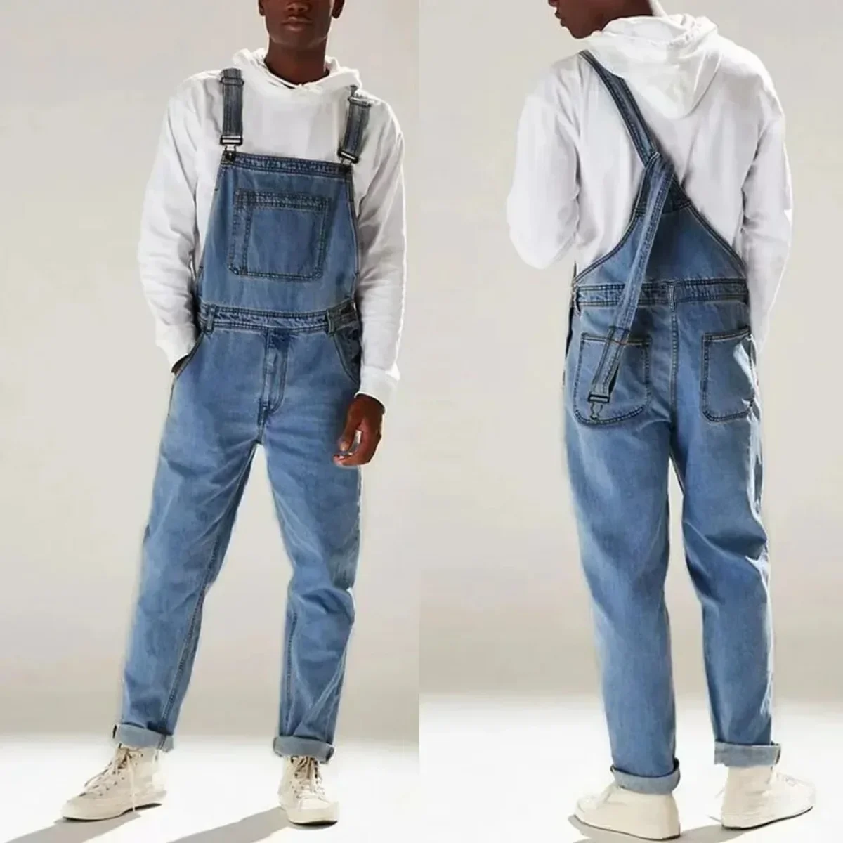 

Men Spring Jeans Romper High Waist Overalls One Piece Slim Fit Streetwear Washing Pockets Patchwork Ankle Length Jumpsuit Denim