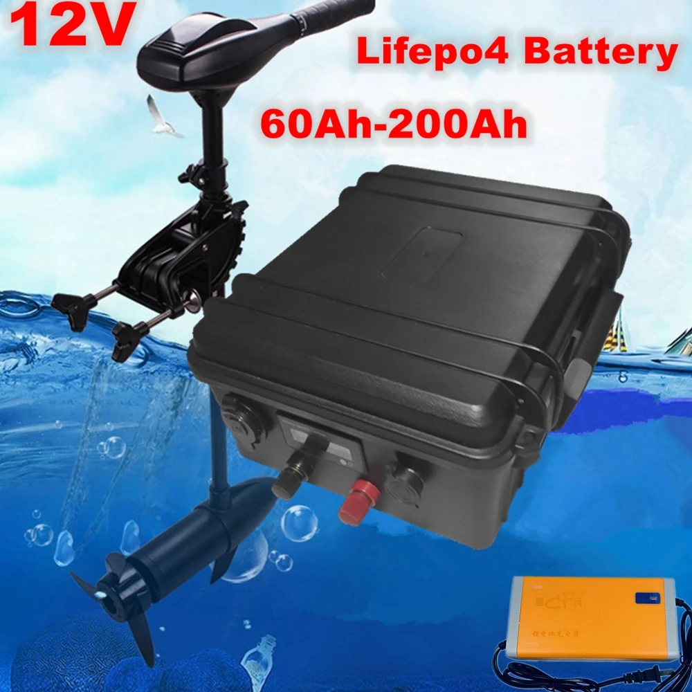 Waterproof 12V 60Ah 80Ah 100Ah 120Ah 150Ah 180Ah 200Ah Lifepo4 Battery pack for Trolling Motor Solar Propeller+10A Charger