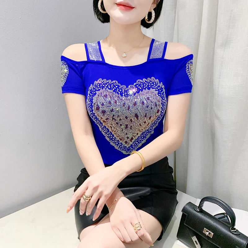 2025 Summer New European Clothes Women's T-Shirt Chic Shiny Diamonds Top Sexy Girl Off Shoulder Mesh Tees Shirt