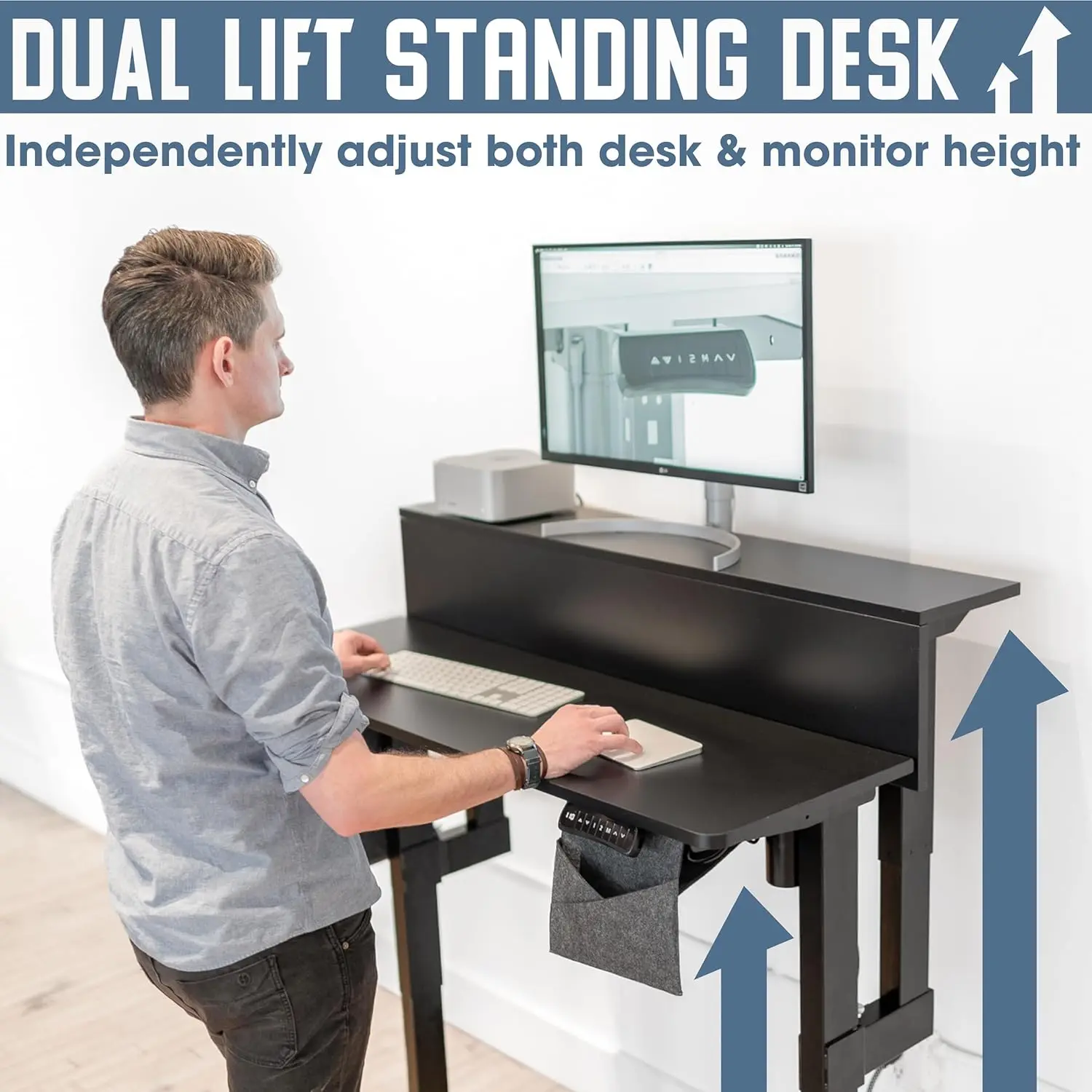 Roam & Remain Dual Lift Adjustable Height Standing Desk — Adjust Both Monitor and Desk Height, Dual Electric Motors 48 x 24 (Bla