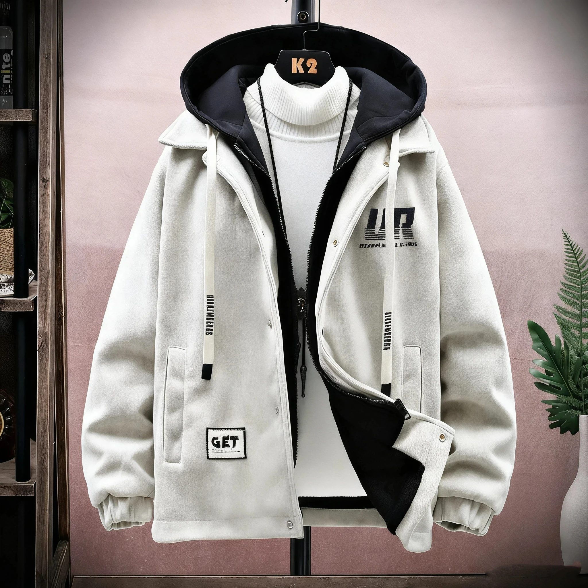 

Youth Faux Two Piece Jacket 2025 New Spring Autumn Student Hooded Single Row Button Coat Trendy Streetwear for Man