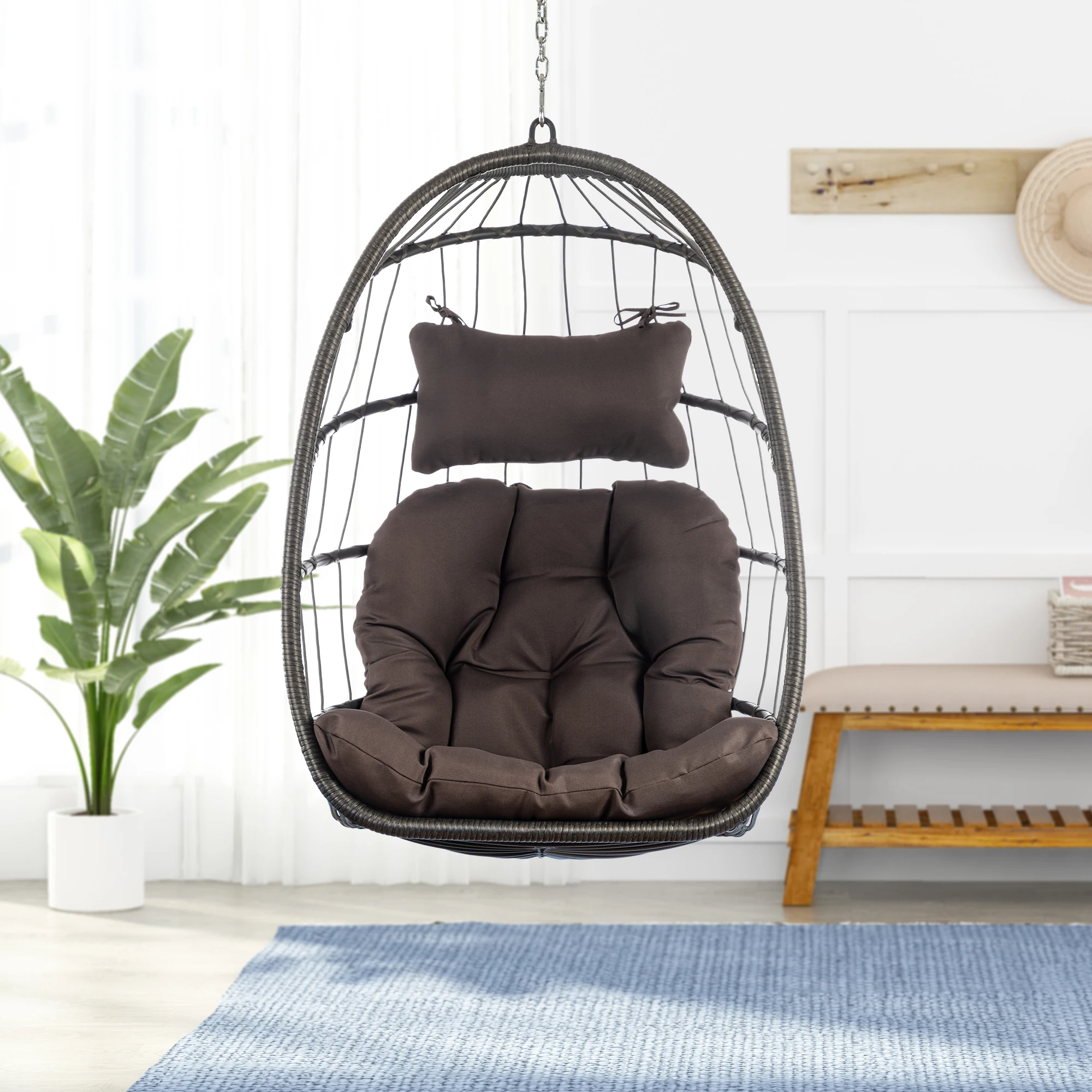 Outdoor Wicker Rattan Swing Chair Hammock chair Hanging Chair with Aluminum Frame and Dark Grey Cushion Without Stand