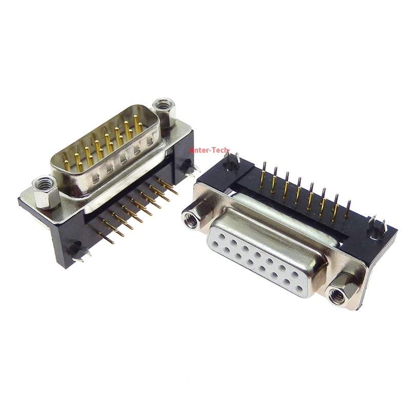 1PCS 3U Gold Plated Solid Pin  1PCS DB15 female/male PCB mount D-Sub 15-pin PCB connector RS232 connector 90 degree bend pin DR1