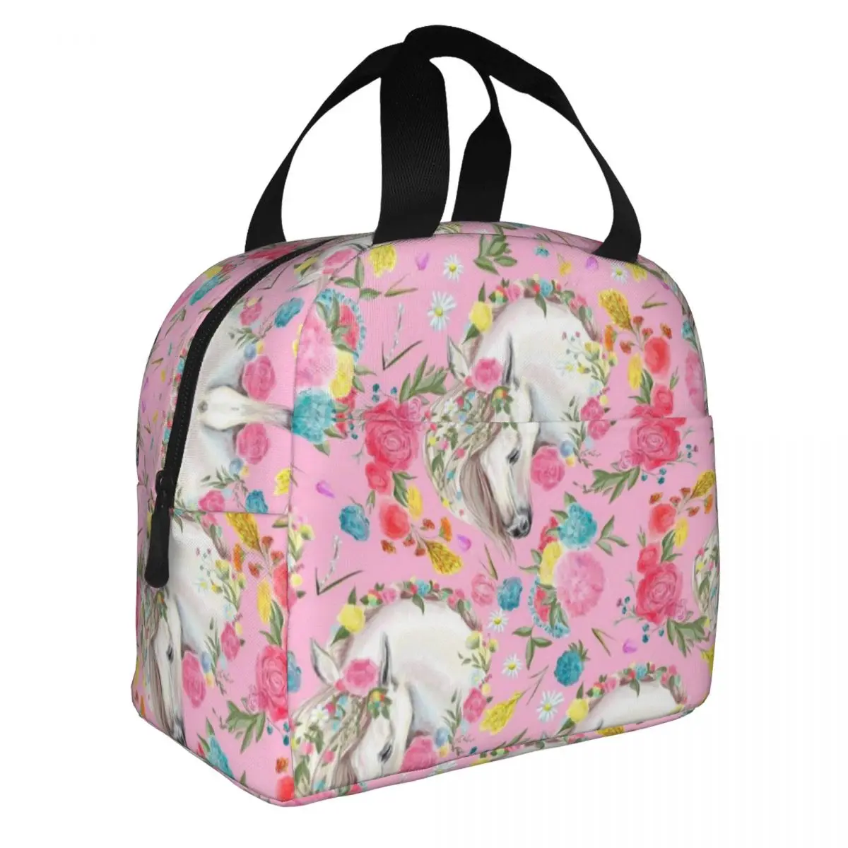 H-Horses-Floral Portable Lunch Bag Food Thermal Box Durable Cooler Lunchbox with Shoulder Strap Picnic Bag Office