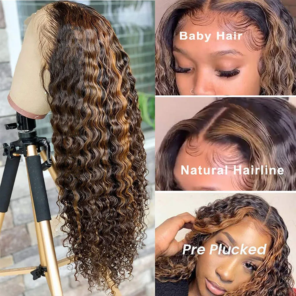 highlight 13x6 HD lace frontal wig human hair Curly Wig HD Deep Wave Lace Frontal Wig 4/27 Colored Wigs PrePlucked Quality image 4