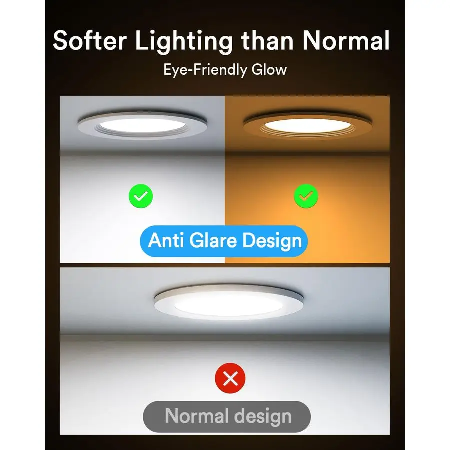 إضاءة LED ذكية تعمل بالواي فاي مقاس 6 بوصات مع جهاز تحكم عن بعد، مصابيح سقف RGBWW Canless مع حواف معدنية مضادة للوهج JBox، متوافقة