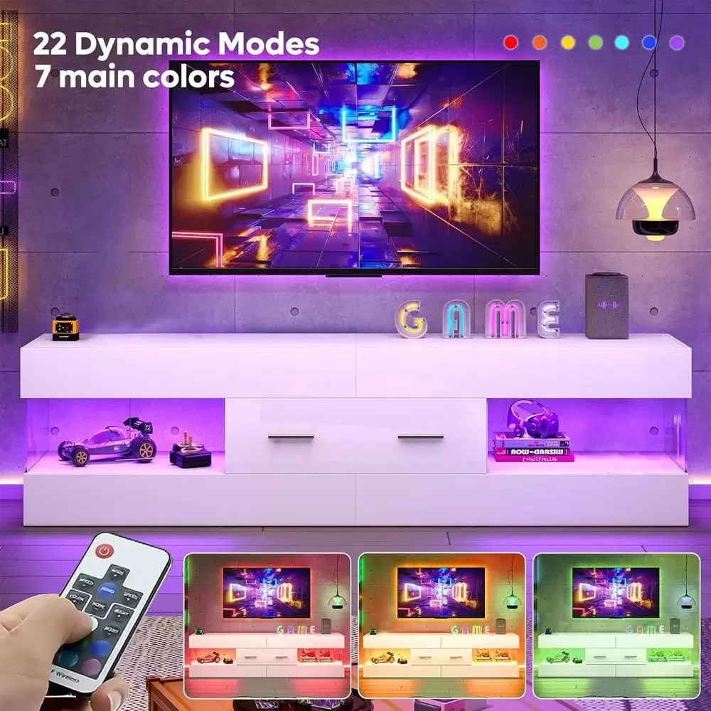 Modern High Gloss TV Stand for 55-65 Inch TVs with Stone-Edged Sides, LED Entertainment Center for Living or Bedroom in Glossy W