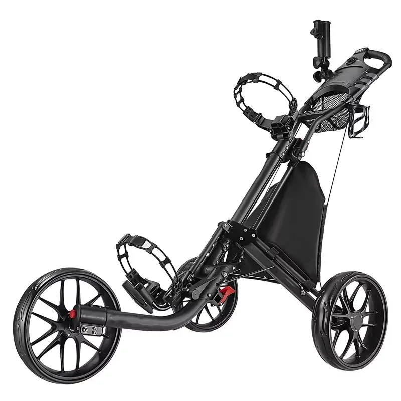 Golf Push Cart 4 Wheel Sturdy Lightweight Folding Golf Pull Trolley with Foot Brake and Drink Holder Umbrella