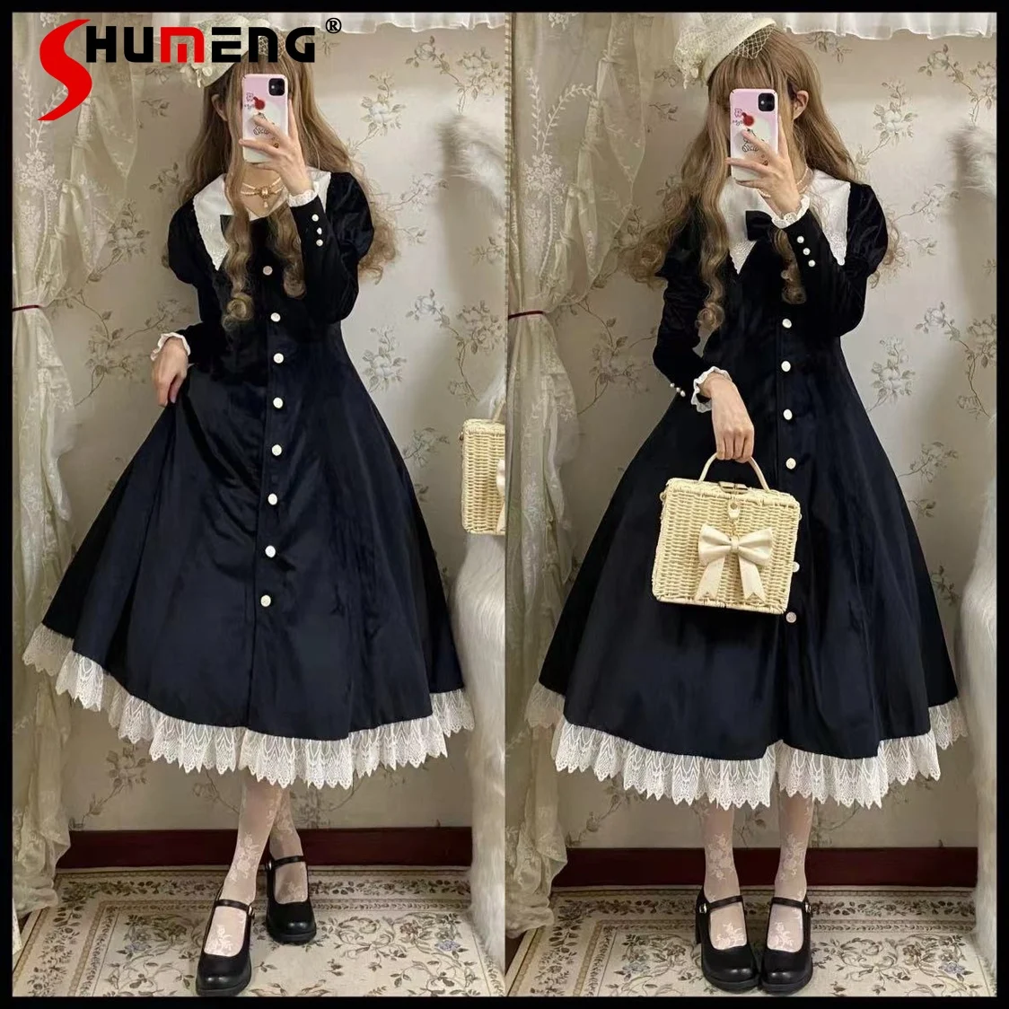 

Elegant Classical Cla Lolita Velvet Dress Lace Splicing Lapel Bow Puff Sleeve Single-breasted High Waist Slim Long Dress Women