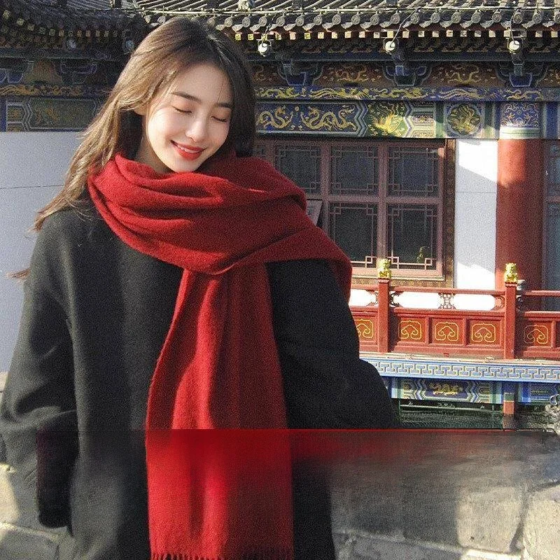 Wine Red Scarf Women's Autumn Winter Style High-End Feel New 2026 Warm Christmas New Year Wearable Chinese Style Other Material