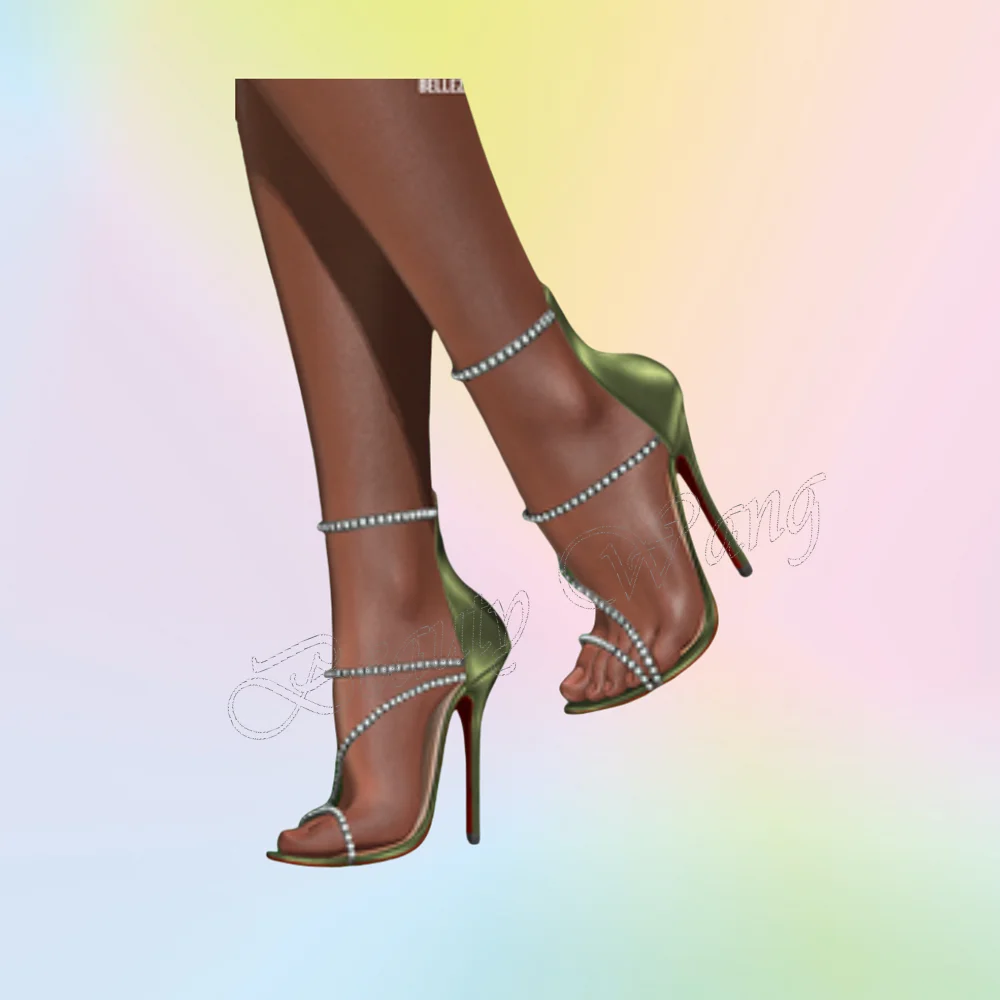 Sandálias de decoração de cristal verde com zíper sapatos sexy capa dedo do pé salto estranho sapatos de salto alto para mulheres 2024 zapatos para mujere