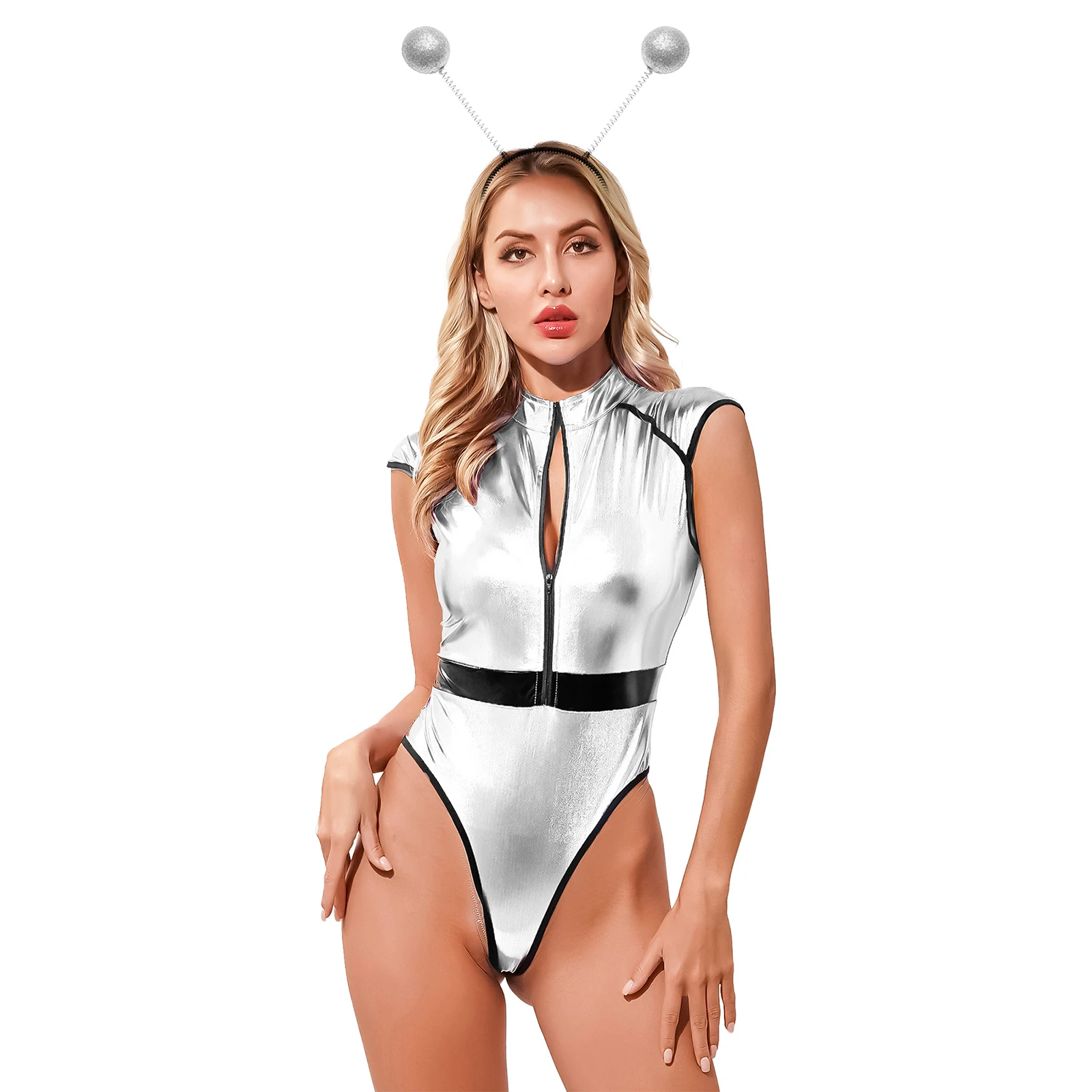 

Halloween Women's Alien Role Play Costumes Sexy Zipper Front Bodysuit with Hair Hoop Set PU Leather Alien Outfit Silver Color